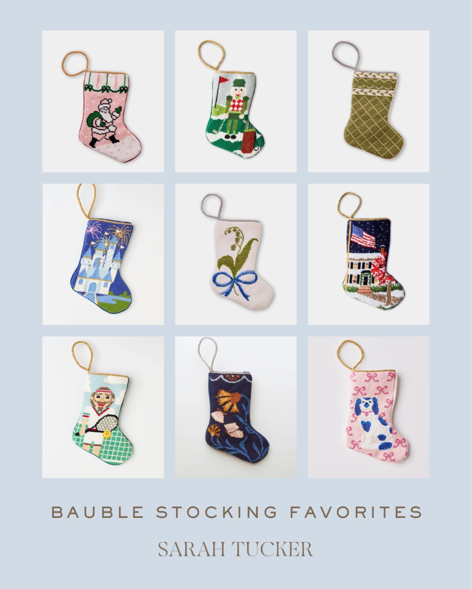 Bauble stocking favorites for holiday gifting. We love using these needlepoint mini stockings for gift giving. It has become such a fun holiday tradition! Place a special gift or a handwritten clue inside the stocking as the last Christmas gift of the season.

Gift ideas, golf gifts, tennis gifts, gifts for kids, gifts for mom, family gift ideas, stocking stuffer, Christmas tree decorations, holiday home decor #holidays #giftsforkids #giftsforher #christmasdecor 

#LTKGiftGuide #LTKHoliday #LTKfamily