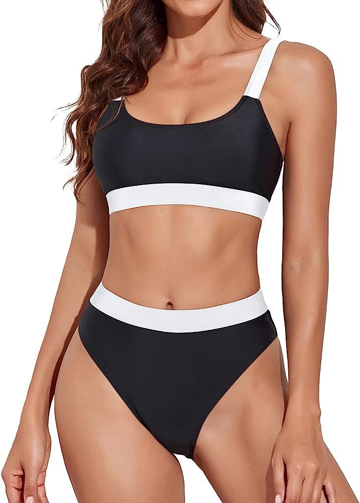 Tempt Me Women Two Piece High Waisted Bikini Swimsuits with Bottoms Teen Scoop Neck Sport Bathing Su | Amazon (US)