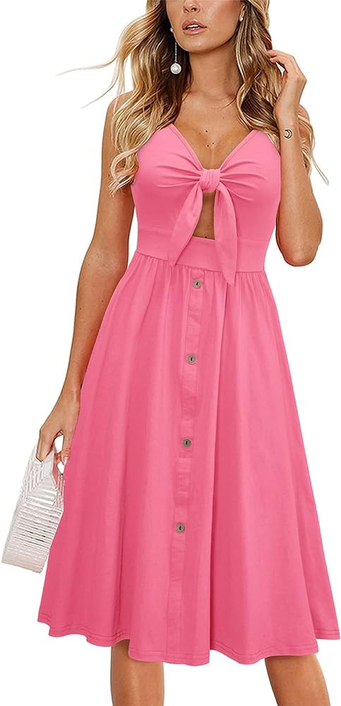 LAISHEN Womens Floral Sundress V Neck Tie Knot Front Spaghetti Strap Summer Dresses with Pockets | Amazon (CA)