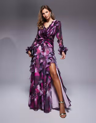 ASOS LUXE organza long sleeve exaggerated ruffle maxi dress in dark floral | ASOS (Global)