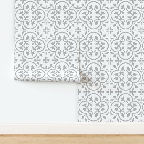 Grey Gray Light Moroccan Cement Tile Encaustic Tile Wallpaper & Fabric | Spoonflower