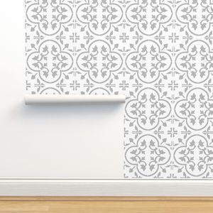 Grey Gray Light Moroccan Cement Tile Encaustic Tile Wallpaper & Fabric | Spoonflower