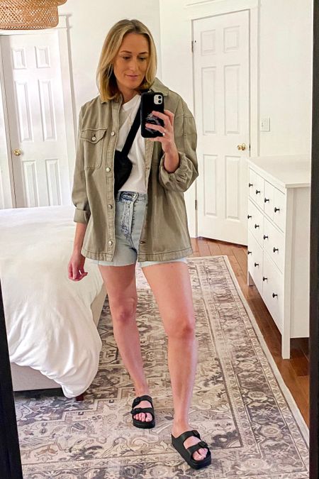 Travel outfit. Vacation outfit. Summer outfit. Spring outfit. Spring outfits. Casual outfit. Casual outfits. 

Sizing
Jacket is older, but I linked similar options.
Muscle tee is a small.
Denim shorts are a 6 (a size up from my usual size 4/27).
Go up a full size in the sandals.

#LTKstyletip #LTKunder50 #LTKunder100