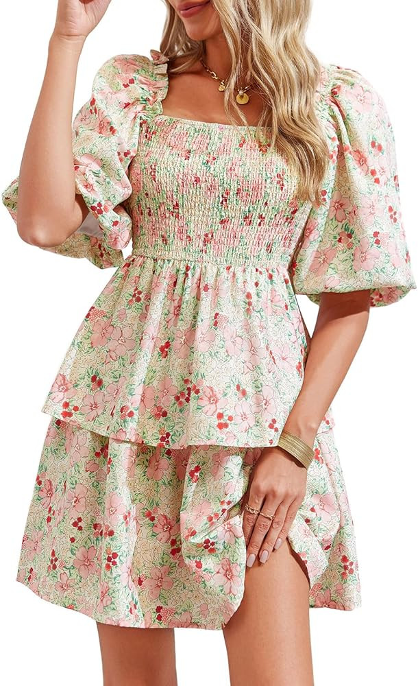 Fisoew Womens Summer Puff Sleeve Chiffon Dress Casual Floral Square Neck Smocked Beach Tiered Min... | Amazon (US)