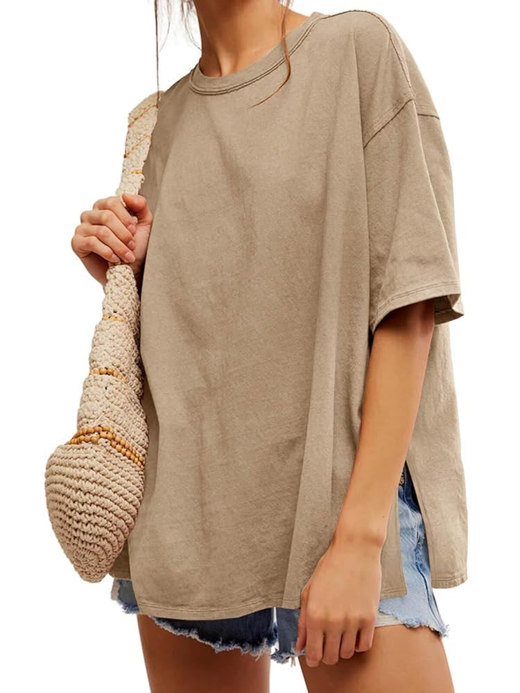 Tankaneo Womens Oversized Tshirts Summer Casual Short Sleeve Crew Neck T Shirt Loose Fit Side Sli... | Amazon (US)