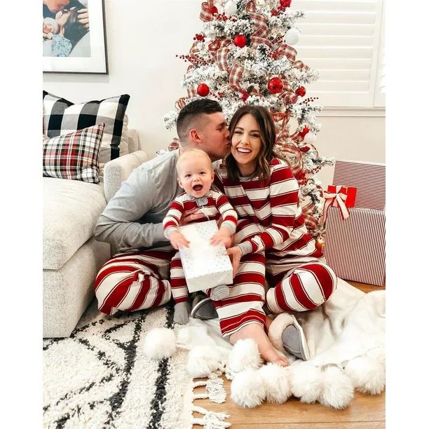 2PCS Matching Family Christmas Pajamas Set Xmas Red- White Stripes Pjs for Family Christmas- Wome... | Walmart (US)