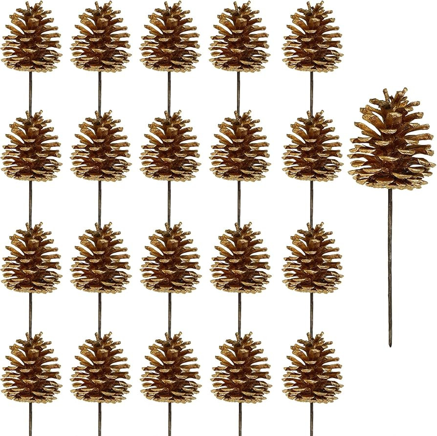 Winlyn 20 Pcs Gold Pine Cone Picks Christmas Ornaments Pinecone Floral Picks Decorative Natural P... | Amazon (US)
