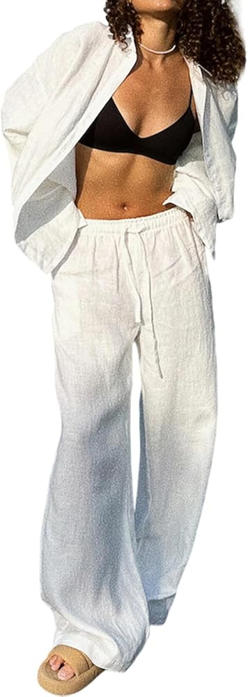 Famnbro Womens 2 Piece Linen Sets Long Sleeve Button Down Shirts and Wide Leg Pants Casual Fall L... | Amazon (US)