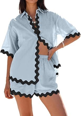 Danedvi Womens 2 Piece Outfits Beach Vacation Summer Short Sleeve Button Down Shirts and Shorts L... | Amazon (US)