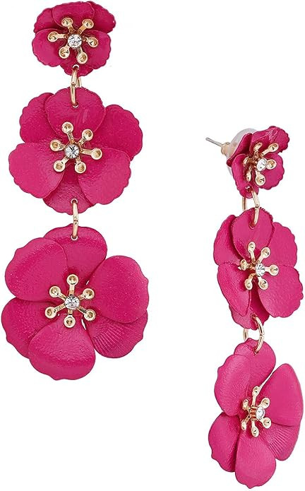 Amazon.com: NVENF Flower Dangle Earrings for Women Tiered Petal with Crystal Center Triple Flower... | Amazon (US)