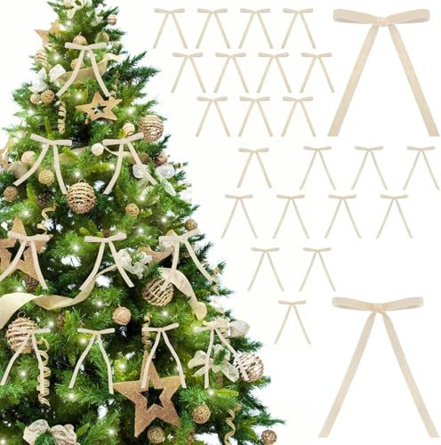 24 Pcs Velvet Bows for Christmas Tree,Christmas Wreath Bows Door Garland Decor Vintage Wreath Bow Home Decor Wedding Outdoor Indoor (Light Champagne) | Amazon (US)