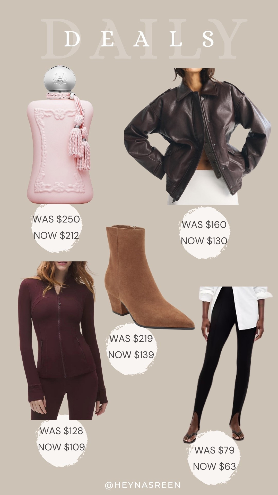 Daily deals on Perfums De Marley Delina perfume, Abercrombie faux leather jacket, Marc Fisher LTD booties, Gap stirrup leggings, lululemon define jacket 