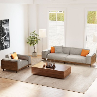 Modern Mid-Century 2-Piece Living Room Furniture Set - Upholstered 3-Seater Sofa & Armchair with Wood Accents - Light Gray Gaoyangjiaju | Target