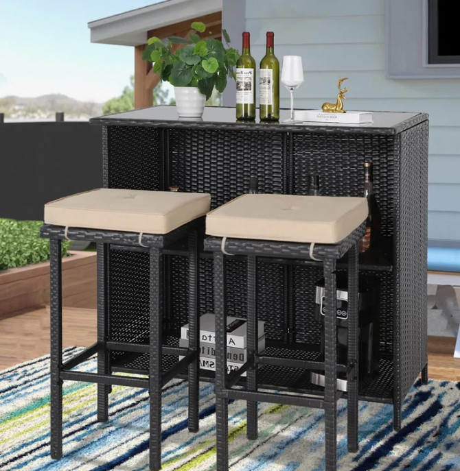 3-Piece Outdoor Patio Bar Set with Two Stools and Glass Top Table, Patio Wicker Furniture with Removable Cushions
 

 