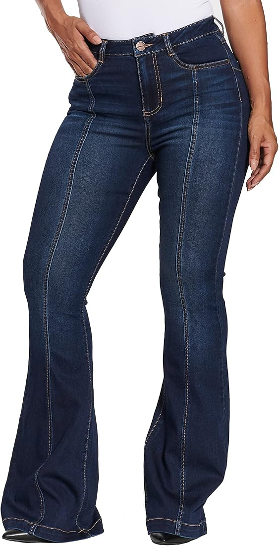 dollhouse Women's Dark Wash High Rise Curvy Flare with Front Seam Detail Zipper Fly and Button Cl... | Amazon (US)