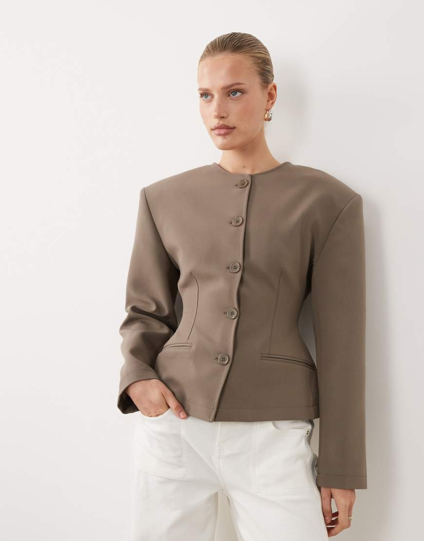ASOS DESIGN collarless button through cinch blazer-Brown | ASOS (Global)