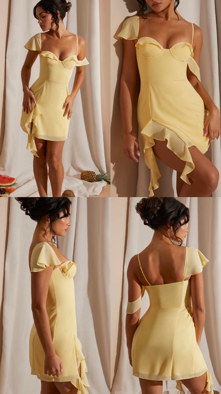 Draped Mini Dress in yellow. Asymmetrical. Premium georgette fabric with satin detailing. Supportive underwired cups. Lightweight georgette fabric. Waterfall ruffle detailing. On sale! Under £40.  Summer, spring, date night out, brunch outfit, baby shower, special event. Affordable fashion.  Wardrobe staple. Timeless. Gift guide idea for her. Luxury, elegant, clean aesthetic, chic look, feminine fashion, trendy look. Oh Polly outfit idea. 

#LTKsalealert #LTKfindsunder50 #LTKparties