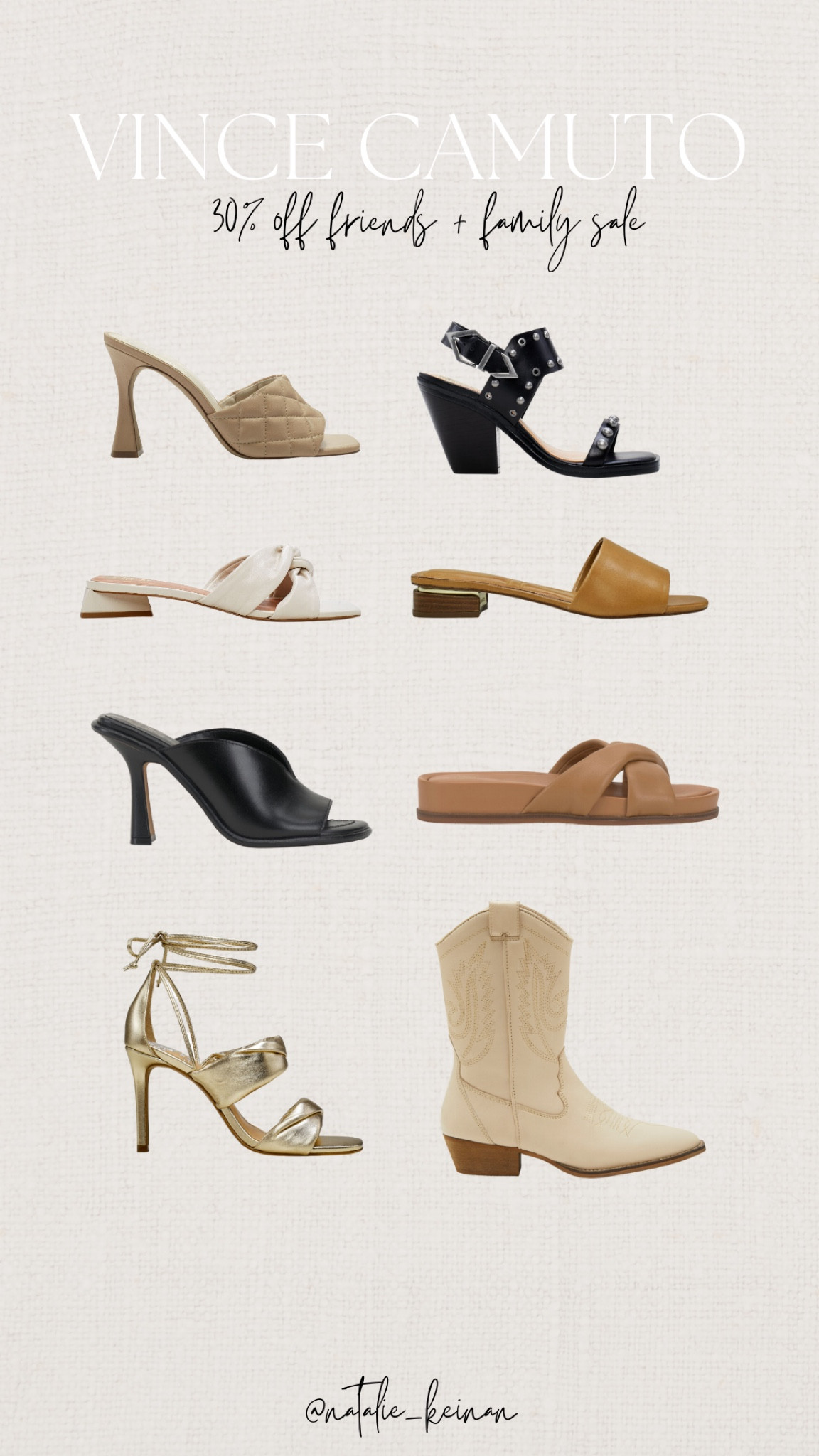 30% off everything for the friends and family sale at Vince Camuto! Spring shoes, summer shoes, vacation style, heels, quilted mules, cowboy boots, square toe sandals, neutral sandals, neutral heels 

#LTKshoecrush #LTKFind #LTKsalealert