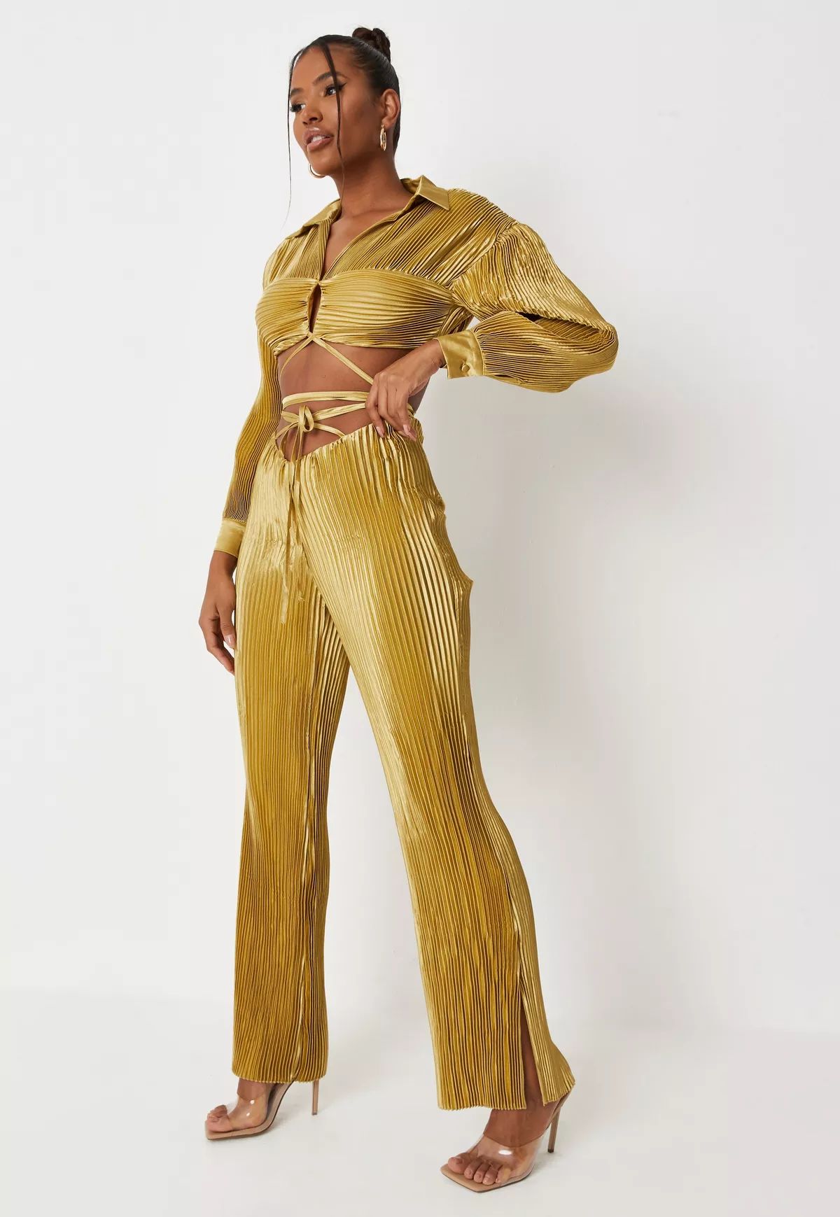 Carli Bybel x Missguided Mustard Plisse Wrap Around Fit And Flare Pants | Missguided (US & CA)