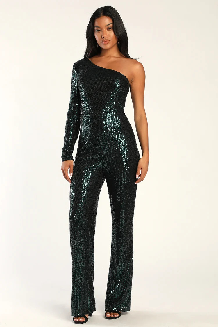 Speechless Sparkles Emerald Green Sequin One-Shoulder Jumpsuit | Lulus (US)