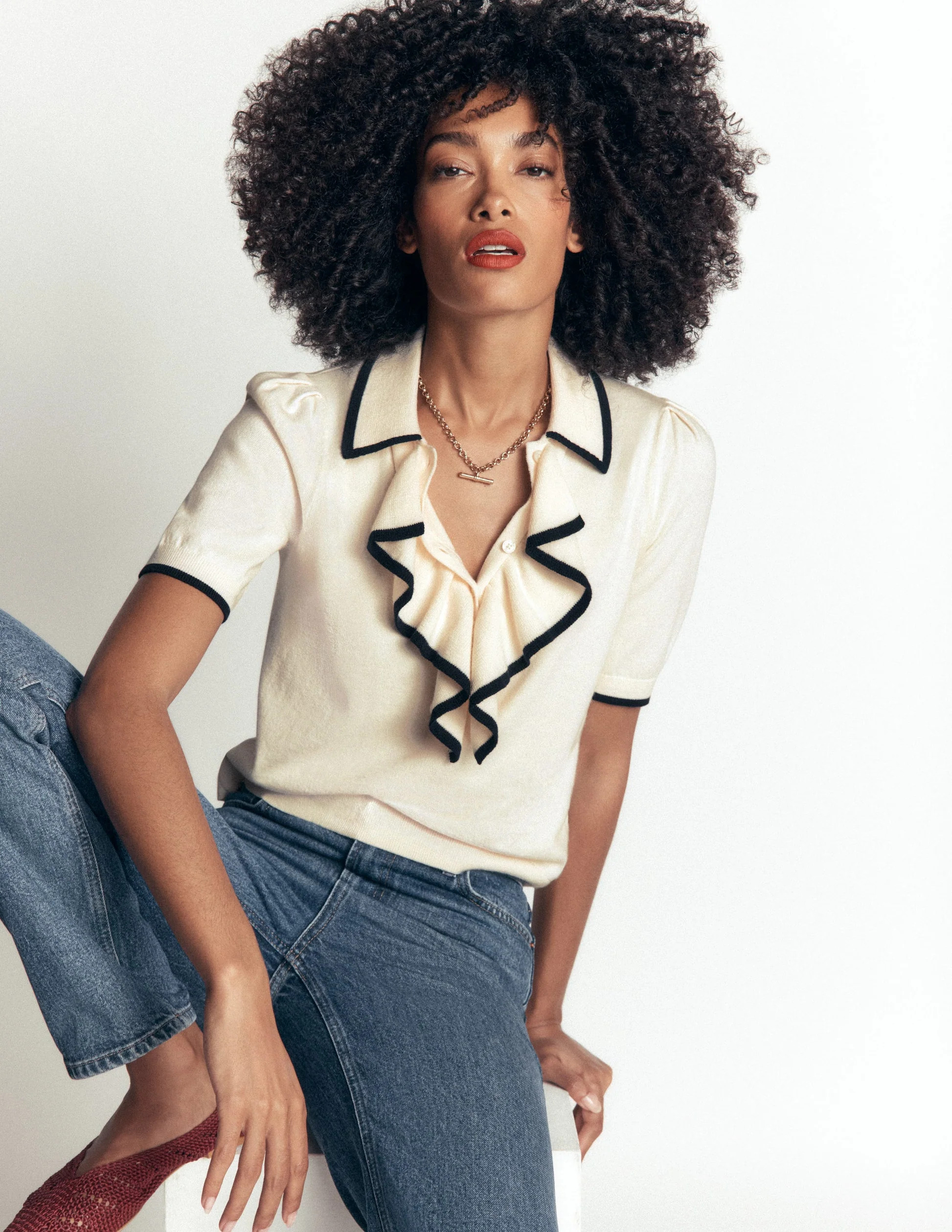 Ruffle Collar Knitted T-Shirt-Warm Ivory | Boden (US)