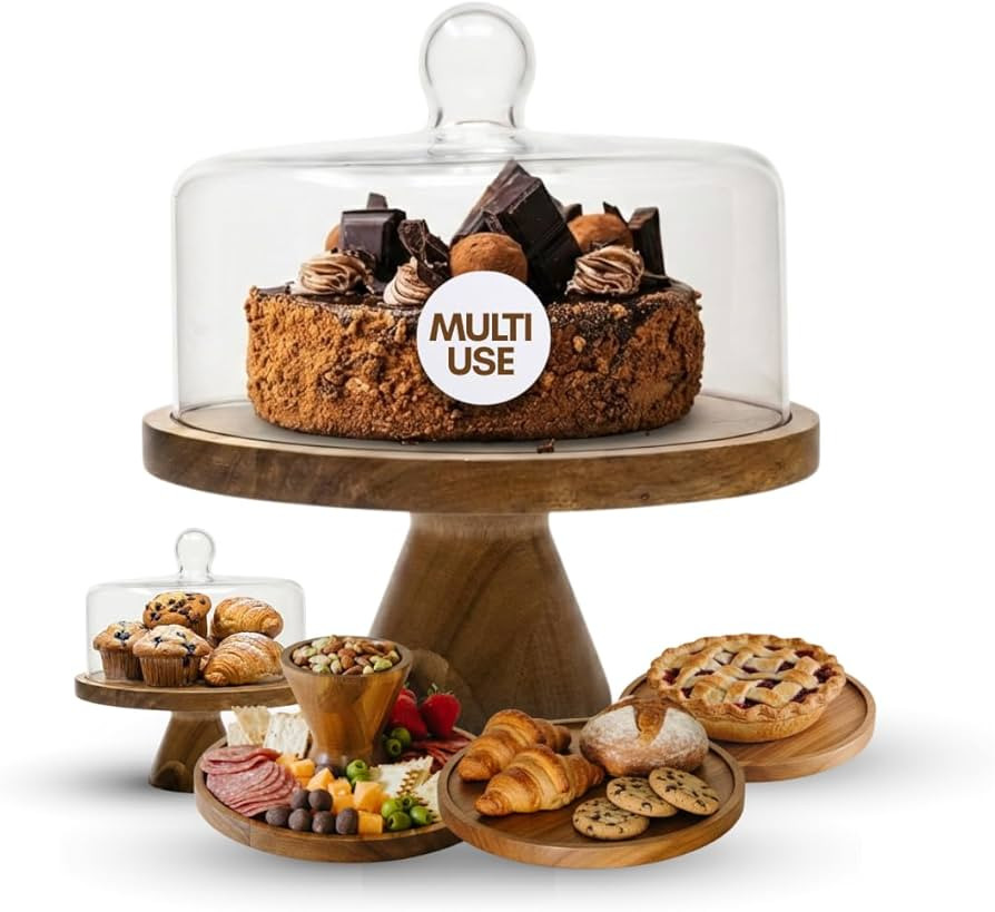 Acacia Wood Cake Stand with Glass Dome Lid, Reversible Cake Stand and Serving Board Designed for ... | Amazon (US)