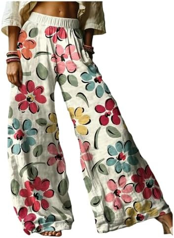RoseSeek Women's Floral Wide Leg Pants Elastic High Waisted Loose Fit Casual Pants Boho Vacation ... | Amazon (US)