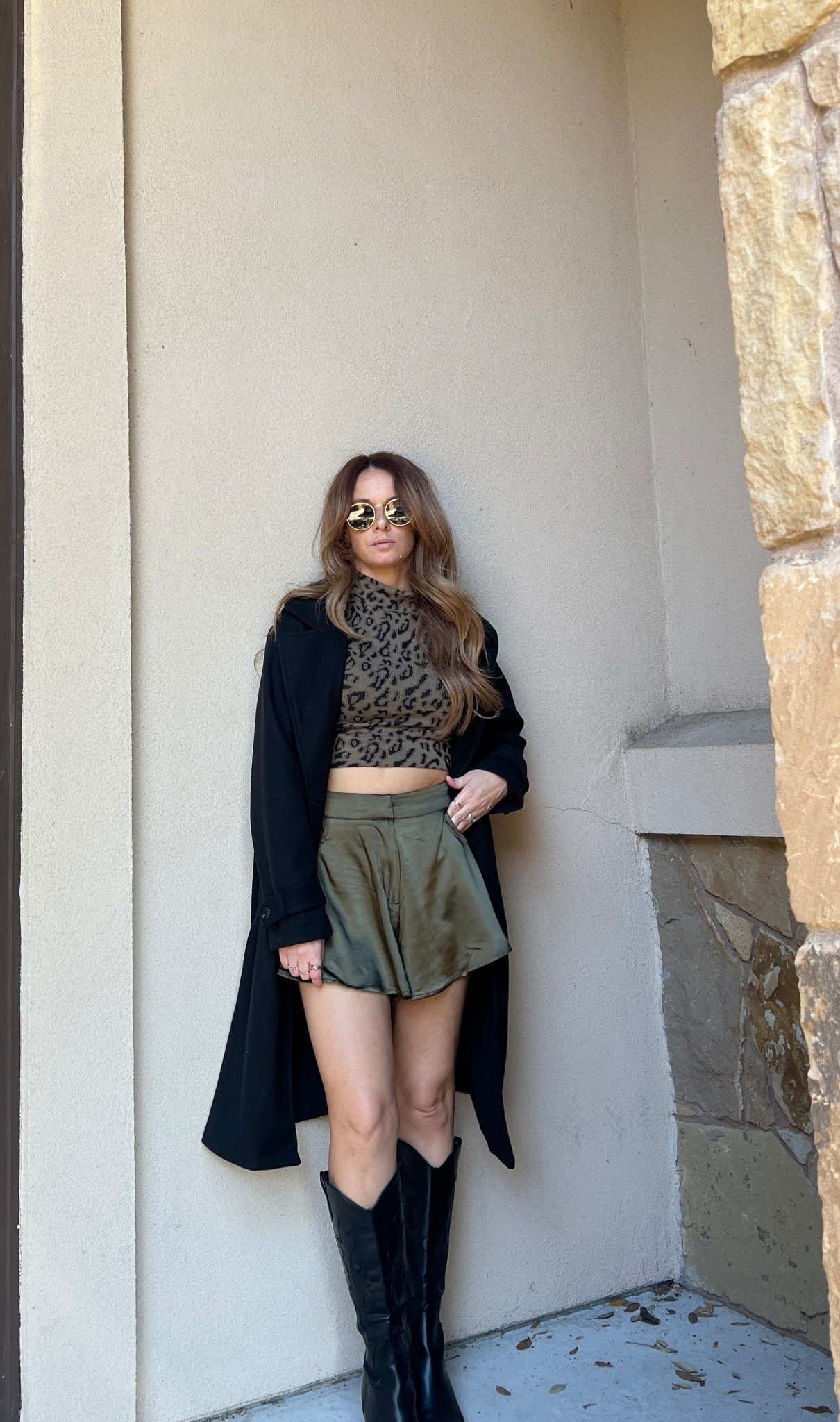 Edgy Holiday outfit idea. 
Monochromatic look with green leopard crop top and green satin shorts.
Love this look! 

#LTKHoliday #LTKootd #LTKPetite