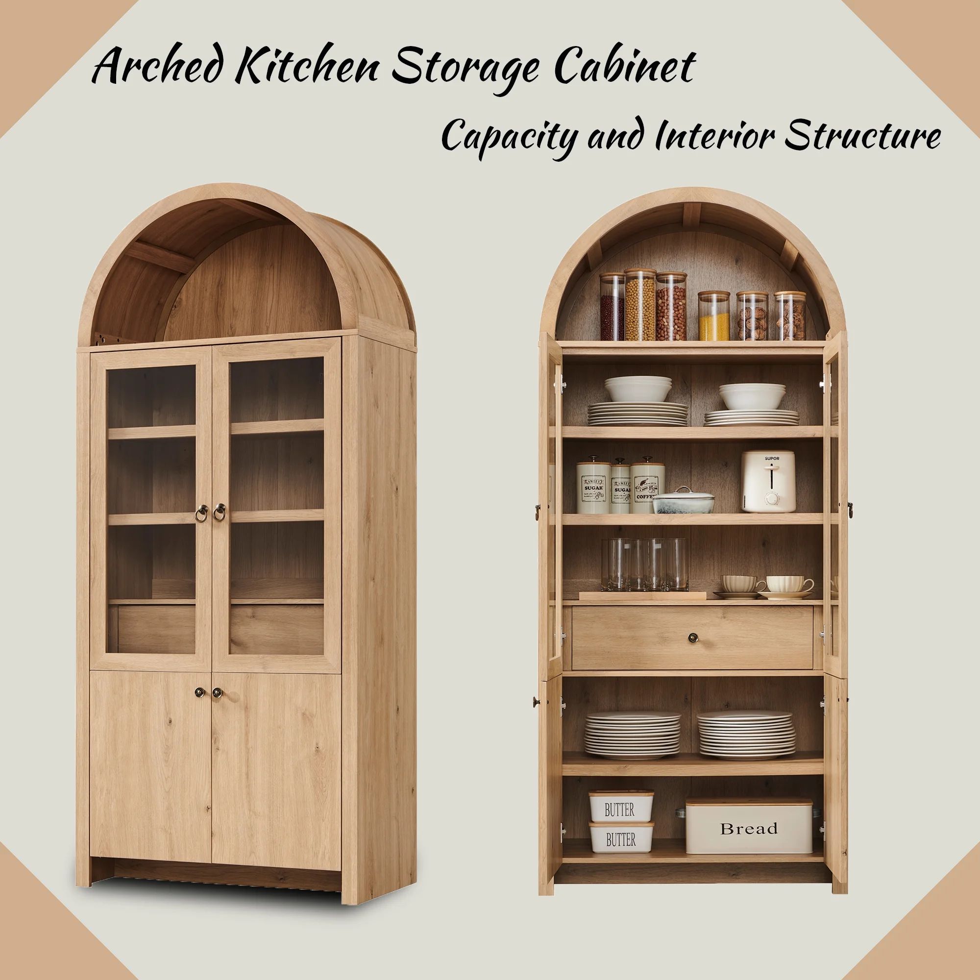 SinCiDo Arched Kitchen Pantry Storage Cabinet, 71" Tall Wood Storage Cabinet with 4 Doors and 6 S... | Walmart (US)