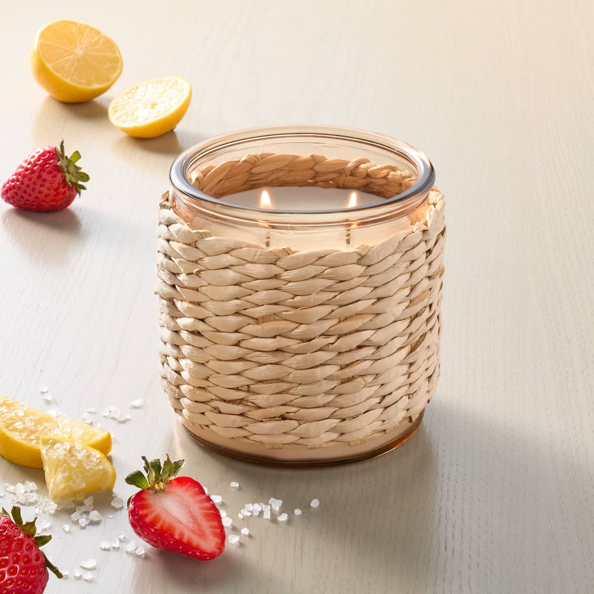 2-Wick Tinted Glass Berry Leaf & Lemon Rattan Wrapped Jar Candle Coral 13oz - Hearth & Hand™ wi... | Target