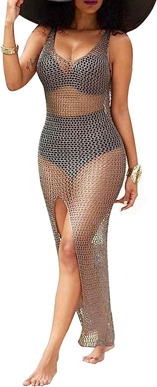 PerZeal Women's Sexy Sleeveless Swimsuit Cover Ups Sheer Crochet Plus Size Beach Bikini See Throu... | Amazon (US)