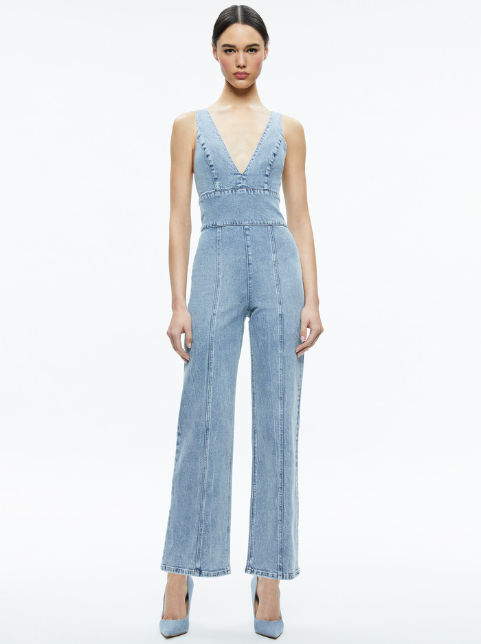 SANDRA DEEP V NECK JUMPSUIT | Alice + Olivia