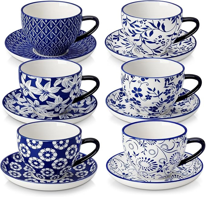 vancasso 8OZ Cappuccino Cups with Saucers, Porcelain Espresso Cups Set of 6 for Latte,Vintage Blu... | Amazon (US)