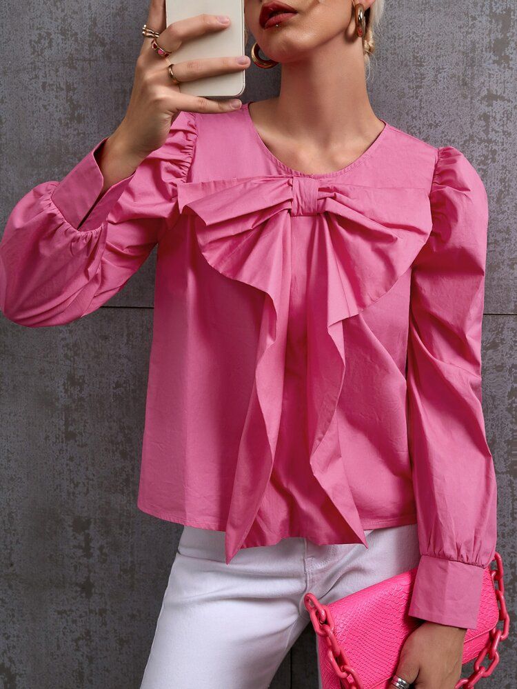 Solid Ruffle Trim Bow Front Blouse | SHEIN