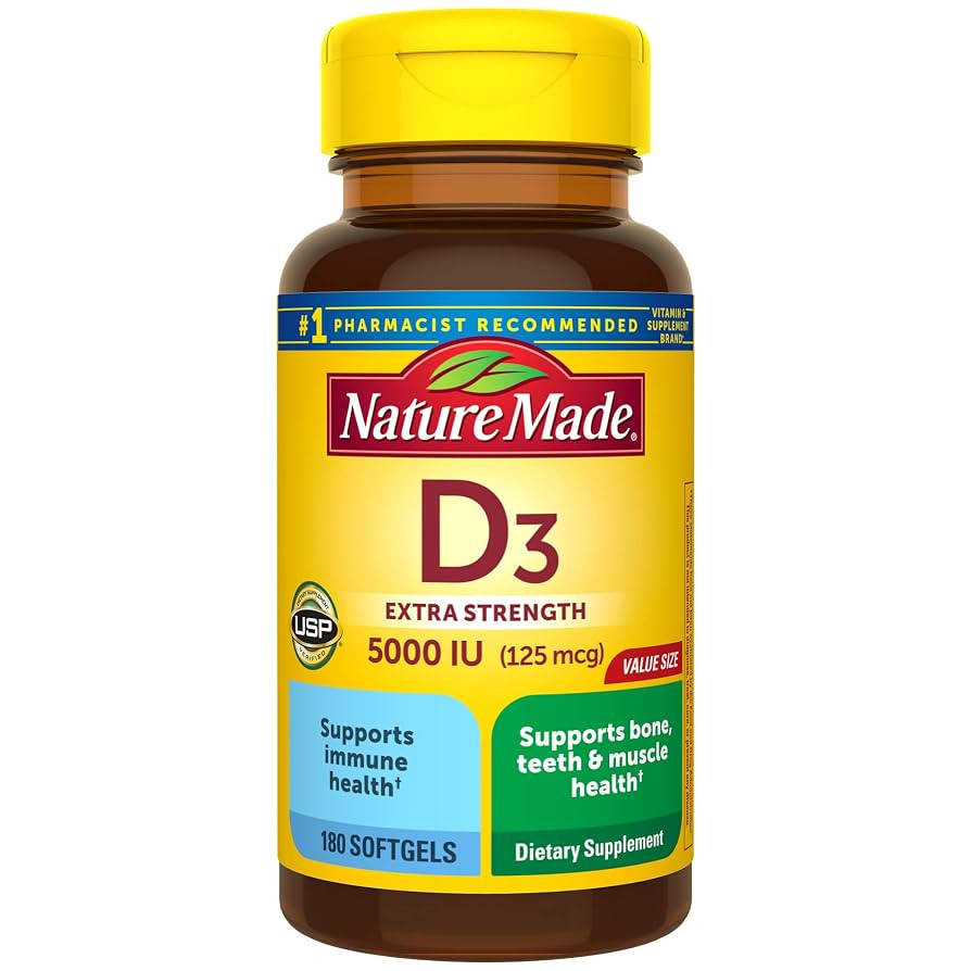 Nature Made Vitamin D3 5000 IU (125 mcg) Softgels, Extra Strength Vitamin D Supplement for Bone a... | Amazon (US)