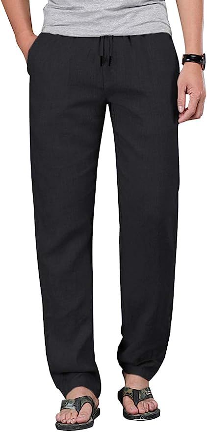 Poriff Mens Cotton Linen Pants Elastic Drawstring Waist Lounge Jogger Pants | Amazon (US)