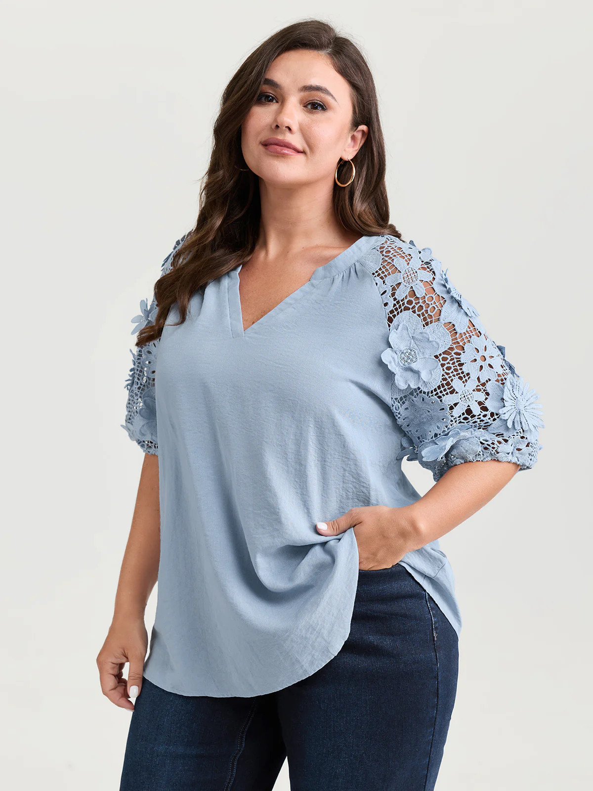 3D Floral Sleeve Spliced Flowy Blouse | Bloomchic