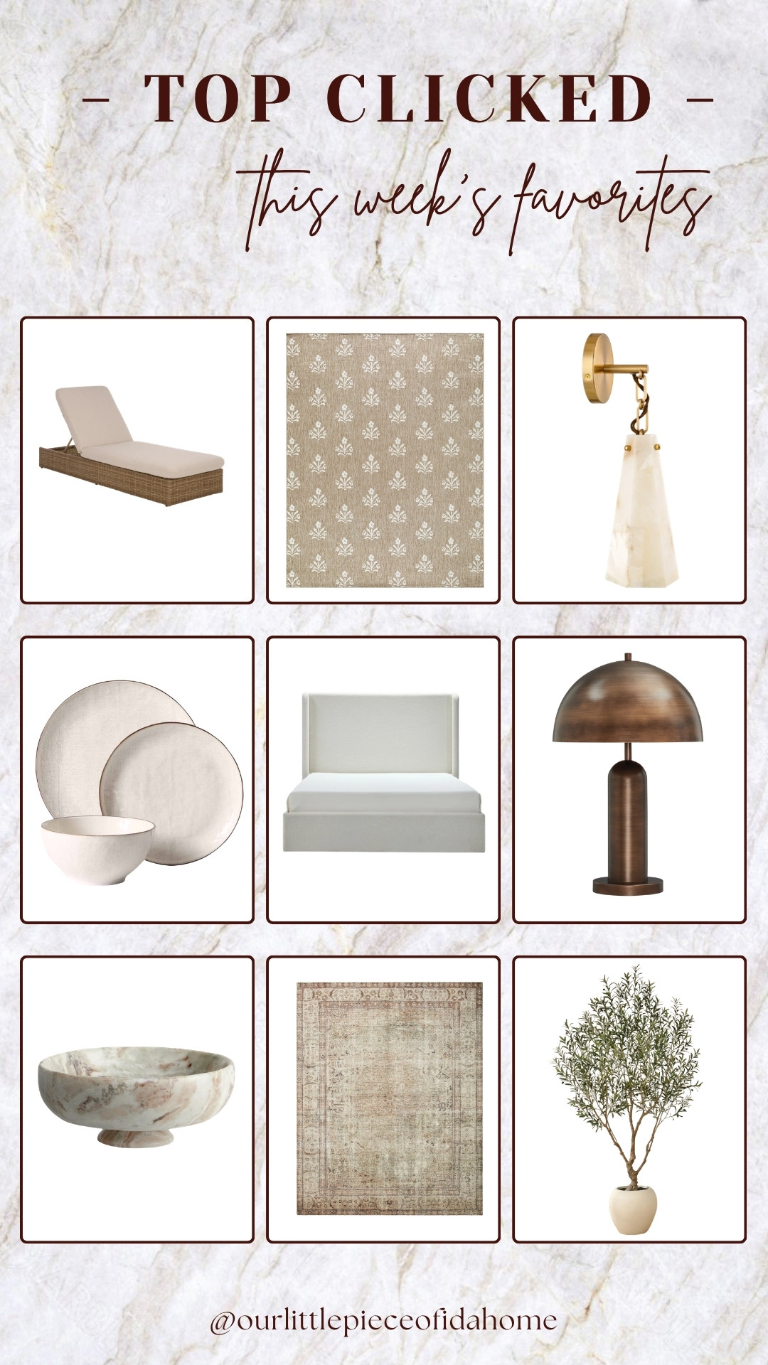These were the most clicked pieces this week, and I can see why. Every item has that warm, timeless look I’m always drawn to.

From the vintage-inspired rug and bronze table lamp to the neutral bedding, outdoor chaise, and marble decor pieces, these are the kinds of finds that make a home feel elevated without feeling overdone. Everything is linked here.
@Wayfair 
@Target 
@Walmart

#LTKU #LTKSaleAlert #LTKHome