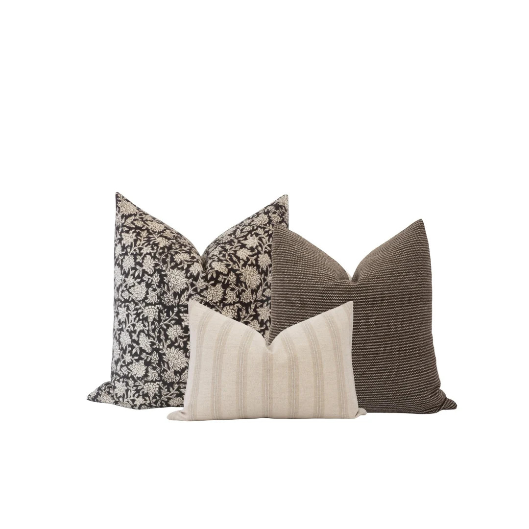 Pillow Cover Combo Brown Pillow Cover Combo Moody Pillow Cover Set Block Print Pillow Combo Black... | Etsy (US)