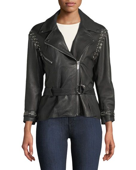 Joaquin Belted Leather Moto Jacket with Studding | Neiman Marcus