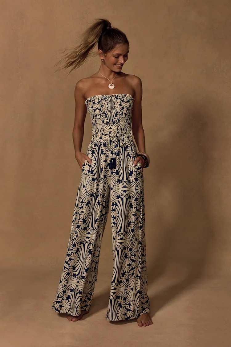 Indie Navy and Ivory Boho Print Wide-Leg Jumpsuit | Lulus