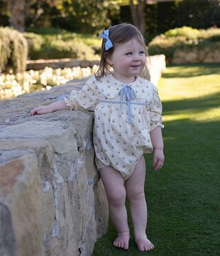 x Megan Karp Baby Girls Belle Floral Bow Detail Peter Pan Collar Long Sleeve Bubble Romper | Dillard's