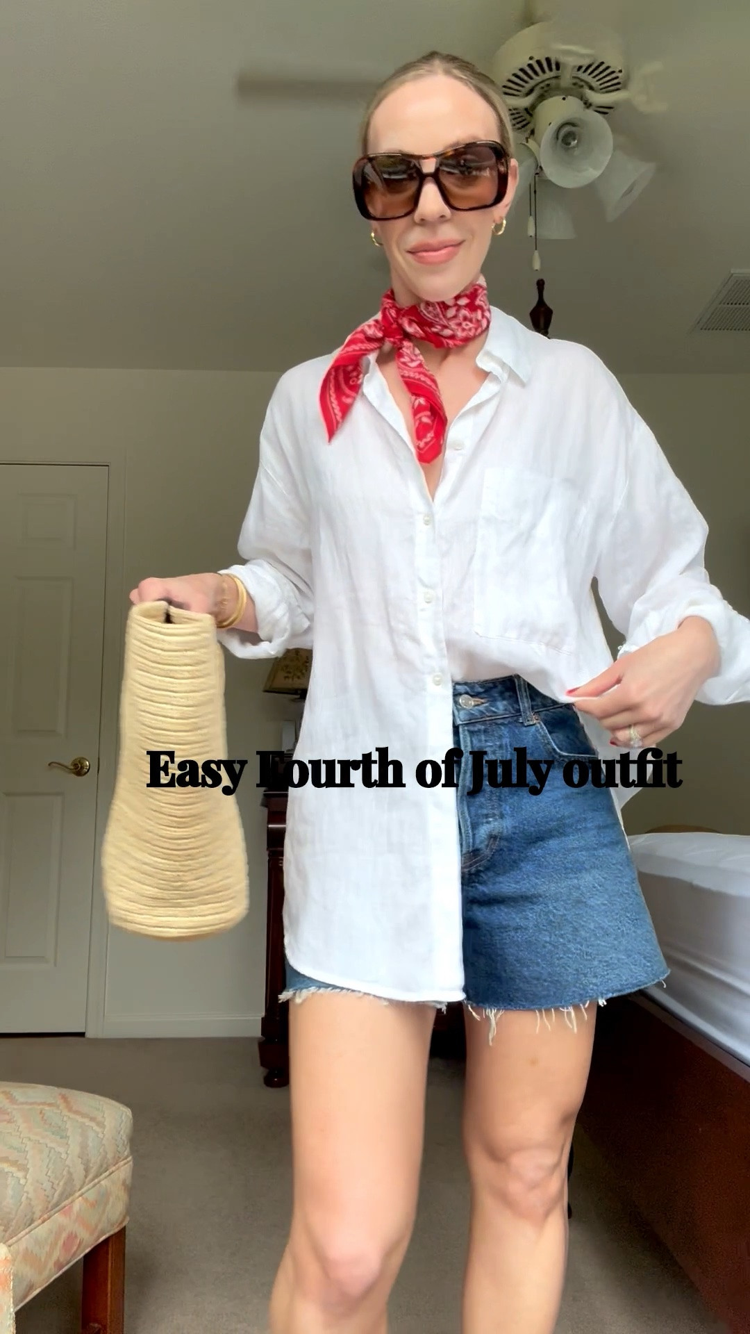 Fourth of July outfit, red white and blue outfit, red bandana scarf, Le Tanneur straw tote

#LTKSeasonal #LTKSaleAlert #LTKOver40