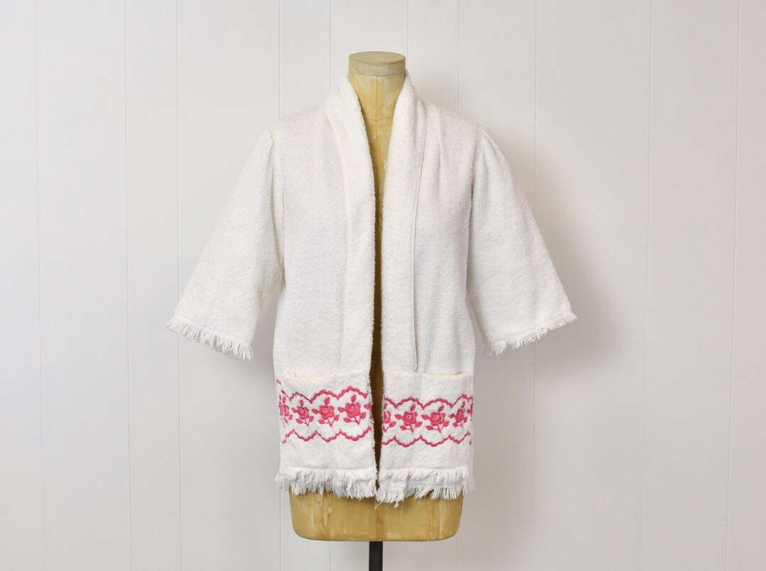 1960s Style Pink Floral Print White Cotton Handmade Upcycled Vintage Towel Cover up Top Blouse Sh... | Etsy (US)