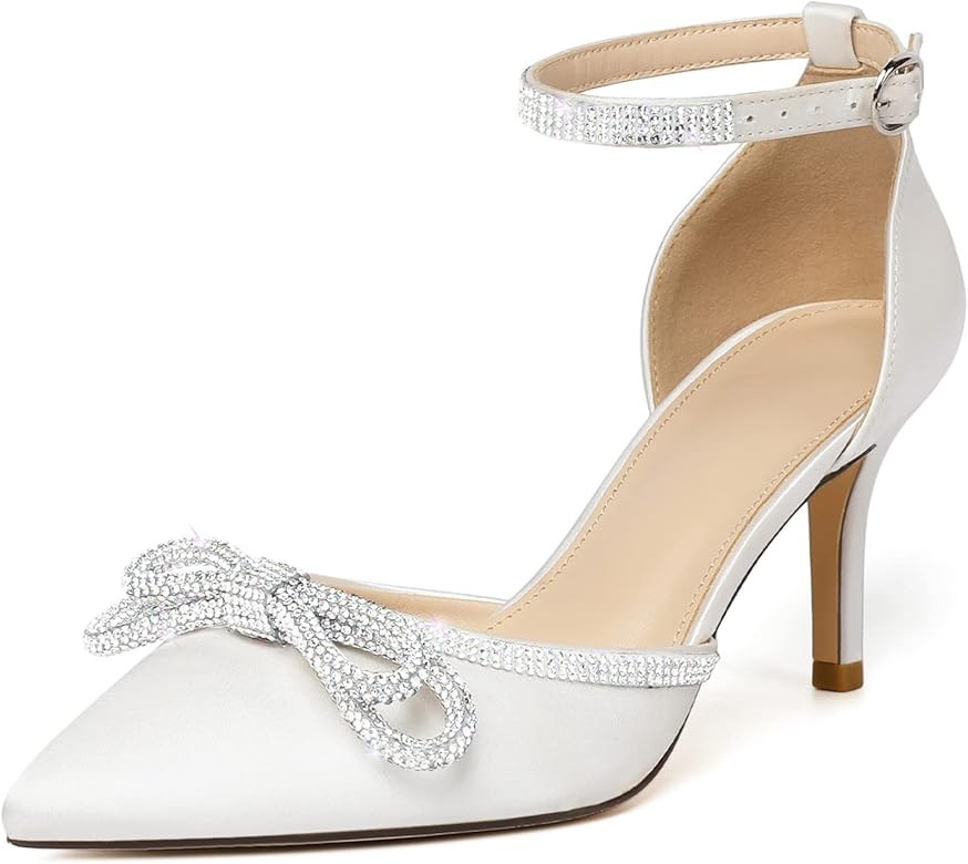 Susanny Women's Closed Toe Rhinstone Wedding Low Heel Slingback Clear Kitten Heels,Adjustable Str... | Amazon (US)