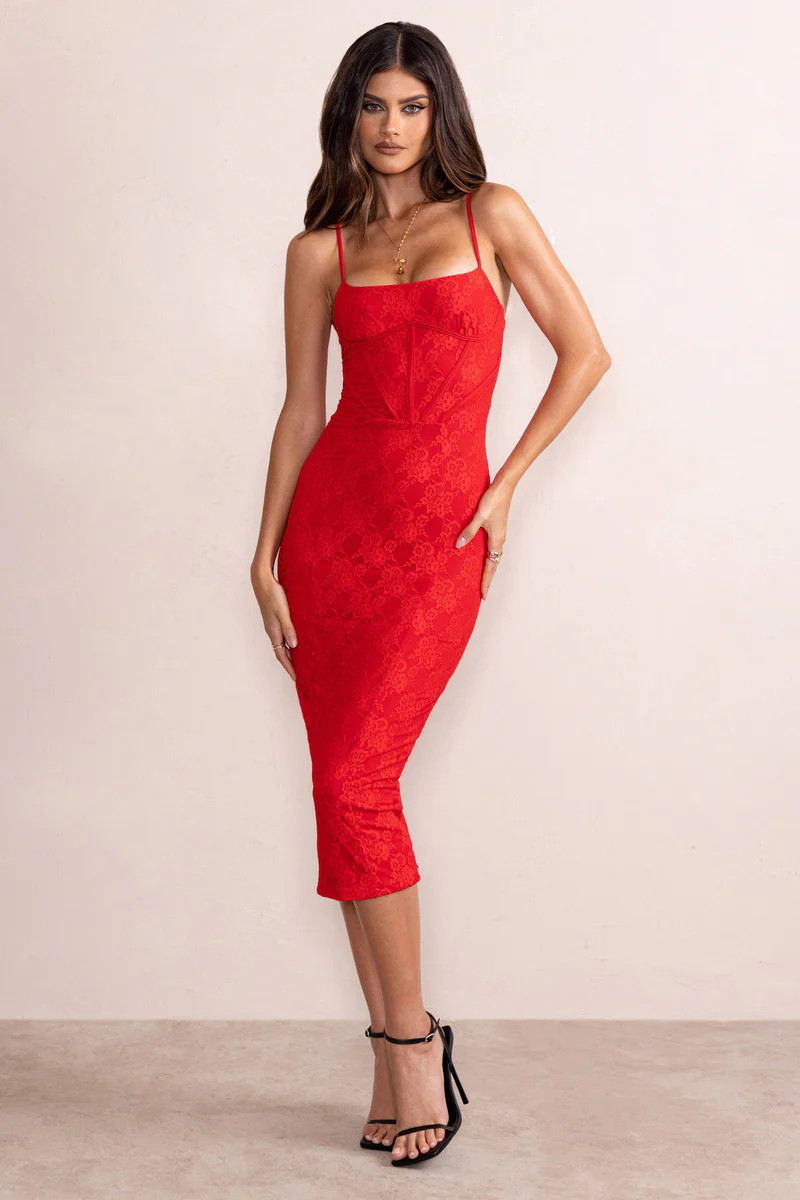 Anele  Red Lace Overlay Corset Midi Dress | Club L London