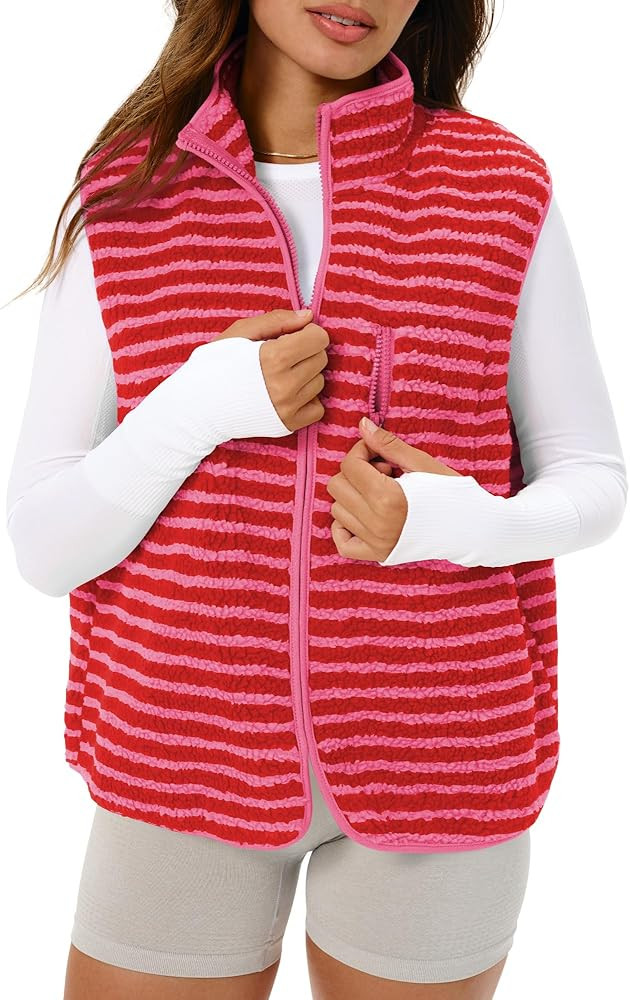 Gacaky Women's Striped Vest Winter Warm Cropped Stand Collar Full Zip Sleeveless Fleece Jacket Zi... | Amazon (US)