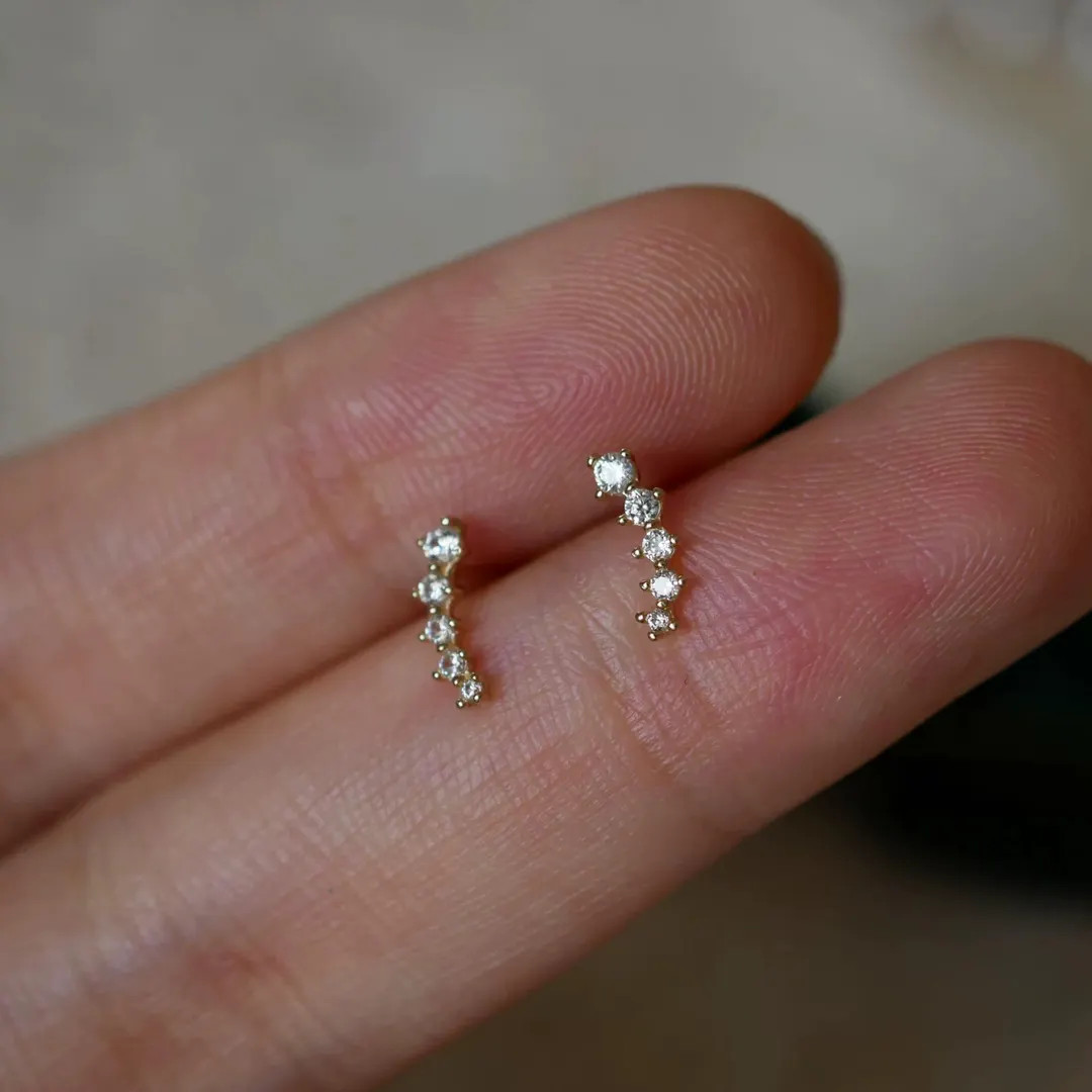 Diamond Climber Stud Earrings in 10K Solid Gold | Everyday Diamond Arc Earrings | Minimalist Fine... | Etsy (US)