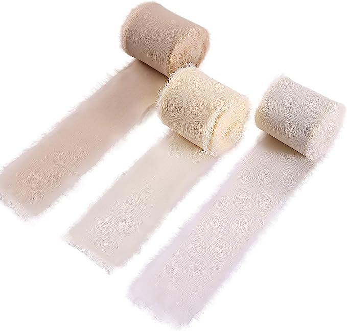 Doris Home Handmade Fringe Chiffon Silk-Like Ribbon 2" x 7Yd Set of 3 Rolls Ribbons for Wedding I... | Amazon (US)