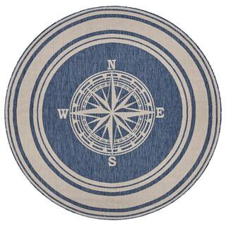 LR Home Naira Nautical Navy Blue/White 7 ft. 6 in. Round Navigation Polypropylene Indoor/Outdoor ... | The Home Depot